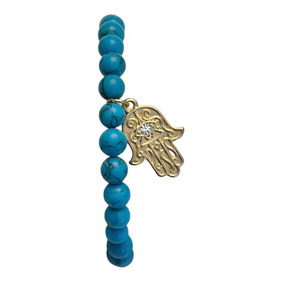 NEW Beaded HAMSA HAND EYE BRACELET Blue Gem Stone Beads Stretch Gold Charm NWOT - Picture 4 of 4